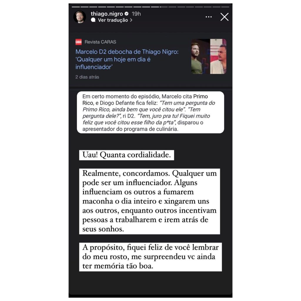 Thiago Nigro Rebate Marcelo D2 Após Crítica em Vídeo