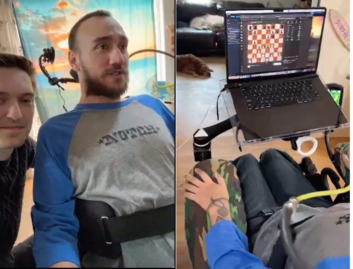 Homem com implante cerebral da Neuralink joga xadrez 