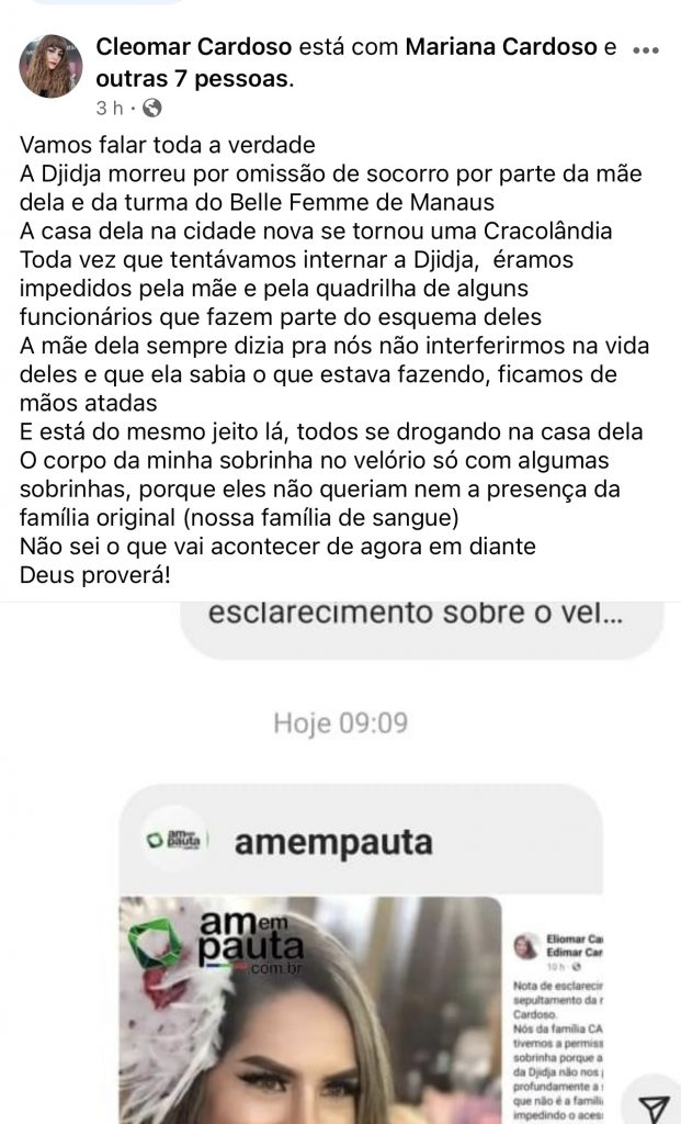 prints Vaza áudio de familiares dizendo que mãe de Djidja Cardoso acredita que a filha vai ressuscitar no prazo de 4 dias em Manaus