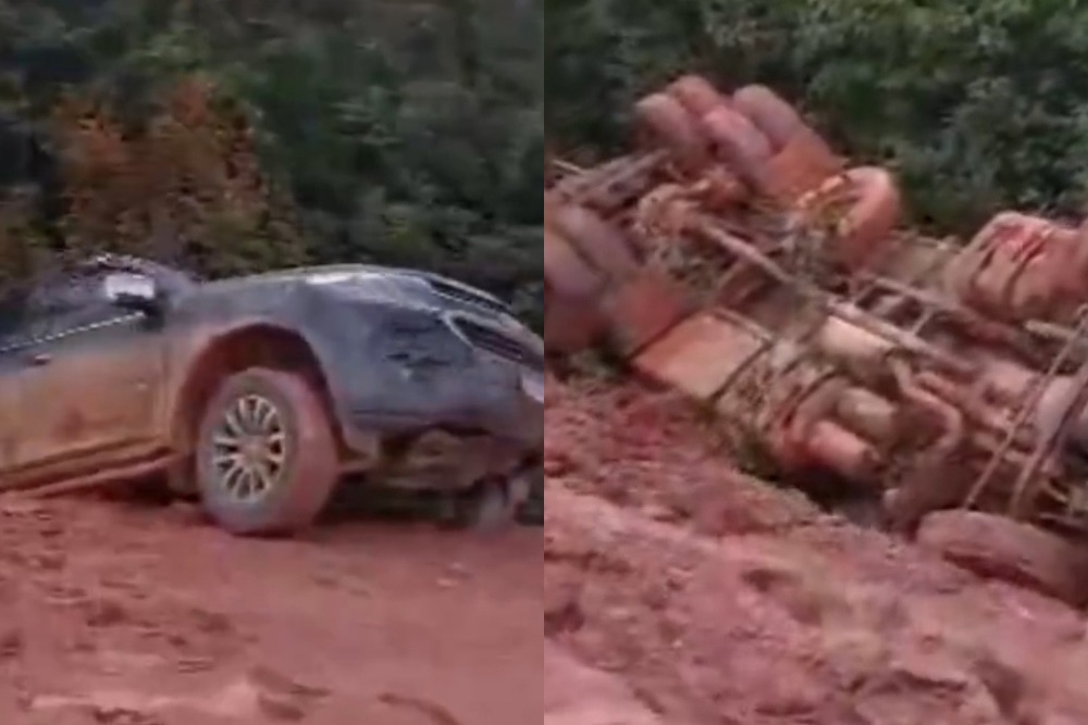 Assista: Caçamba e Picape despencam de ribanceira em trecho da BR-319
