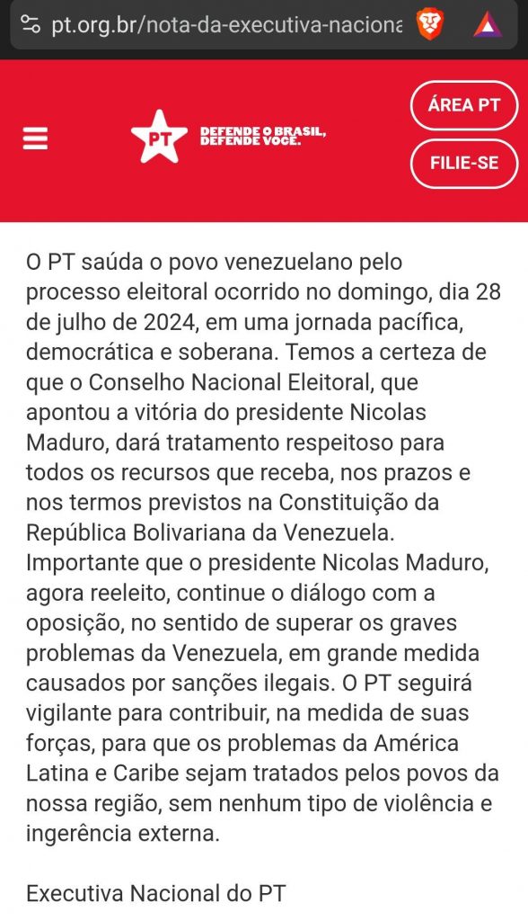 PT reconhece vitória de Maduro mesmo com indícios de fraude eleitoral na Venezuela