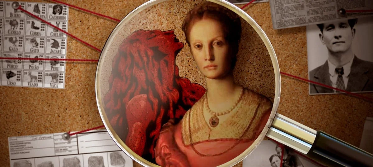 Retrato de Elizabeth Báthory, a Condessa Sangrenta, em um ambiente sombrio e misterioso.