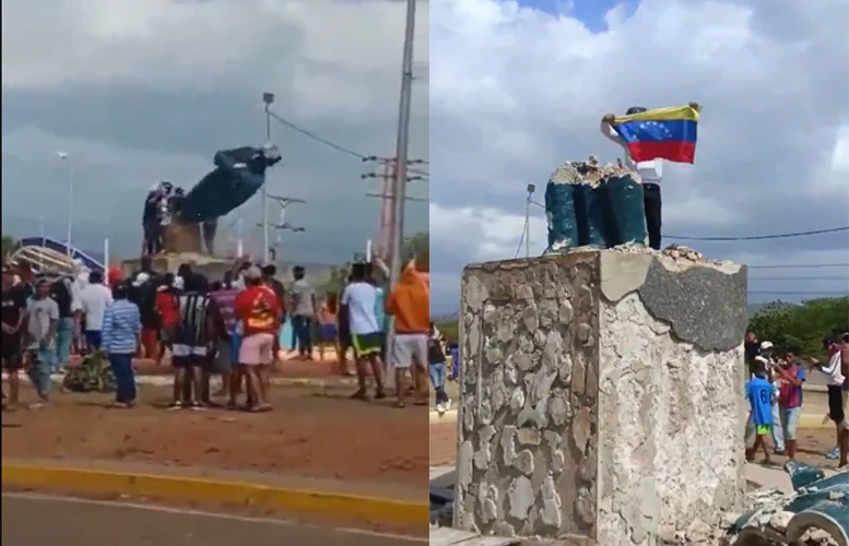 Estátua de Hugo Chávez é derrubada por venezuelanos em protesto contra reeleição de Maduro na Venezuela