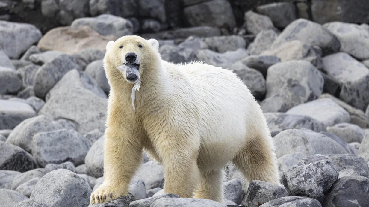 Fotografia de urso-polar comendo plástico