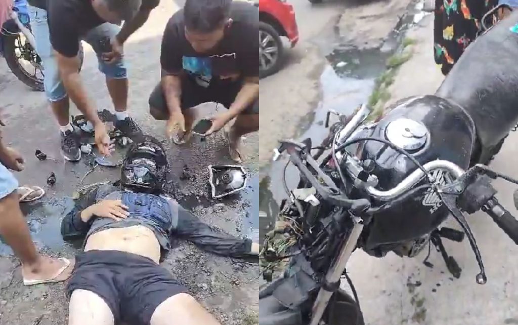 Vídeo: Motociclista fica com pé virado em grave acidente em Manaus