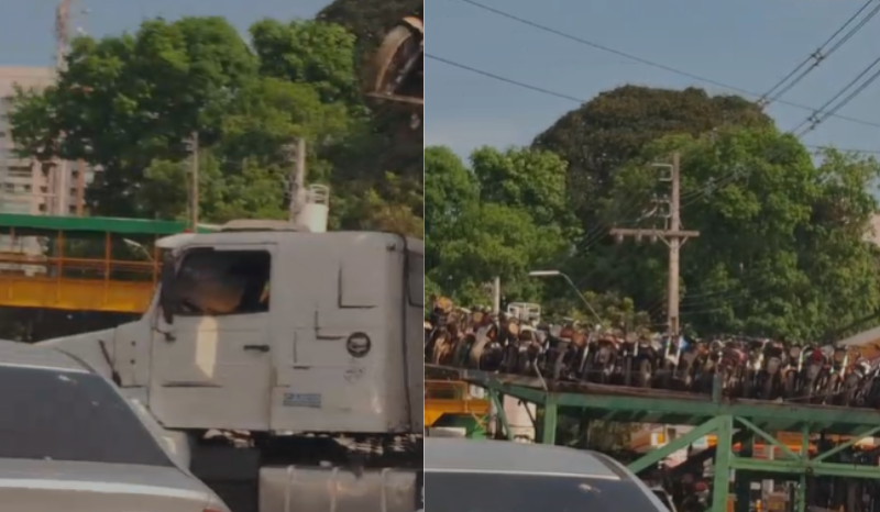 Caminhão-cegonha fica atravessado na avenida Mário Ypiranga e deixa trânsito caótico em Manaus