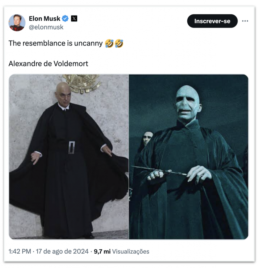 Elon Musk compara Alexandre de Moraes ao vilão de "Harry Potter", Voldemort