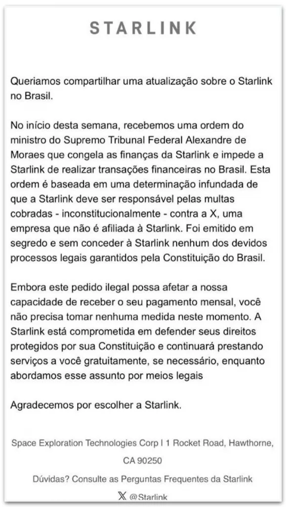 Starlink diz que é “ilegal” decisão de Moraes de bloquear recursos da empresa