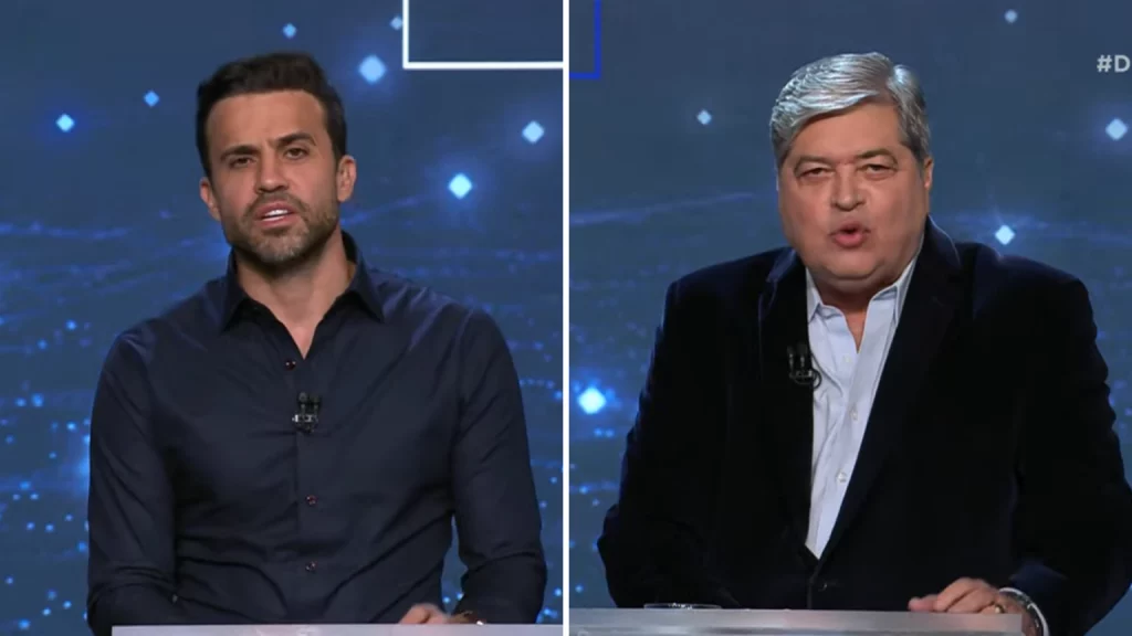 Em debate, Datena é advertido por sair do púlpito após provocação de Marçal