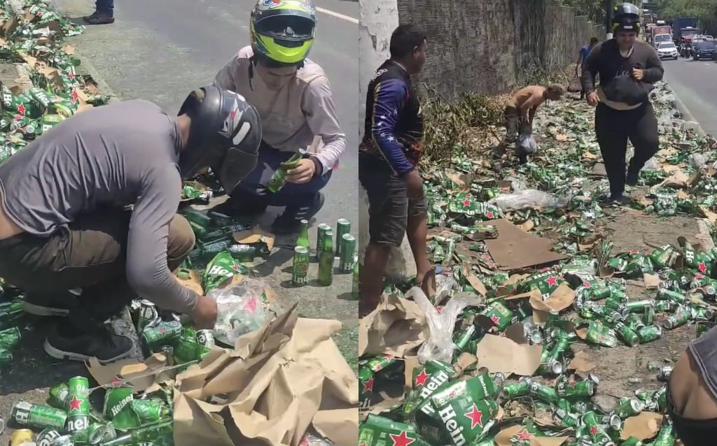 Populares saqueiam cervejas de carreta que tombou em Manaus
