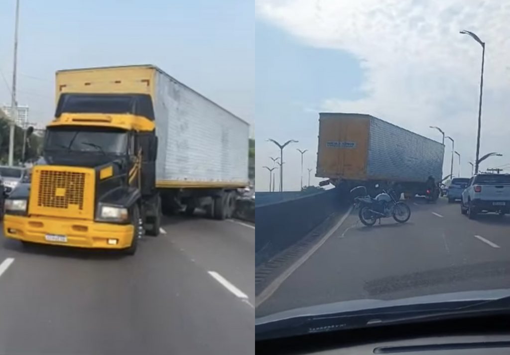 Vídeo: Caminhão fica atravessado no 'Viaduto do Coroado' com risco de despencar e atrapalha trânsito em Manaus