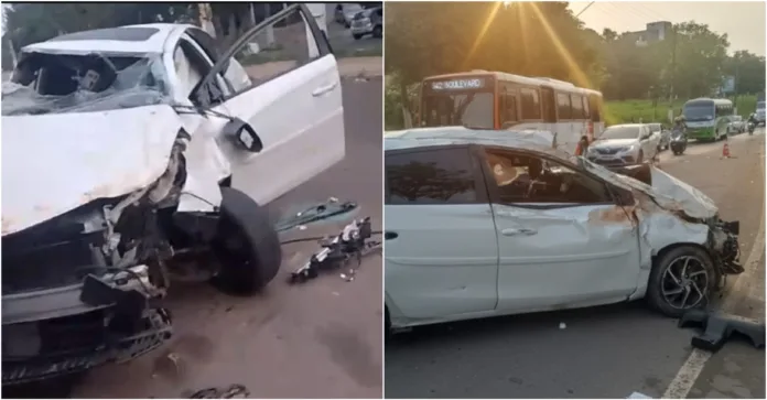 Veja vídeo: carro capota e fica destruído após acidente na Avenida Brasil, em Manaus