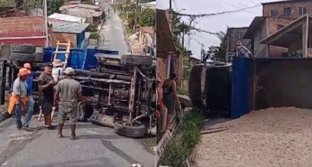 Caçamba com areia tomba ao tentar subir ladeira em Manaus; veja vídeo