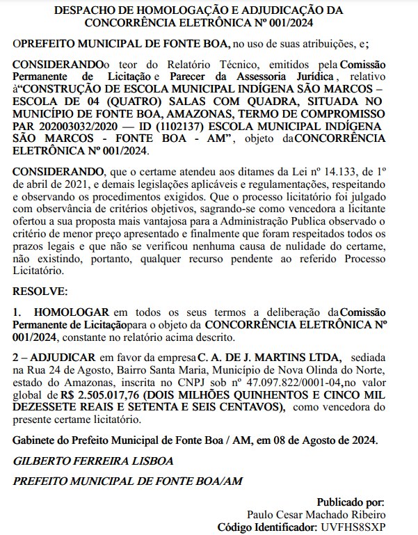 Prefeito de Fonte Boa vai gastar mais de R$ 2,5 milhões em escola com 04 salas
