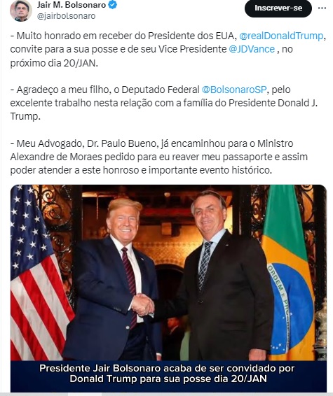 Bolsonaro pede autorização do STF para ir a posse de Trump nos EUA