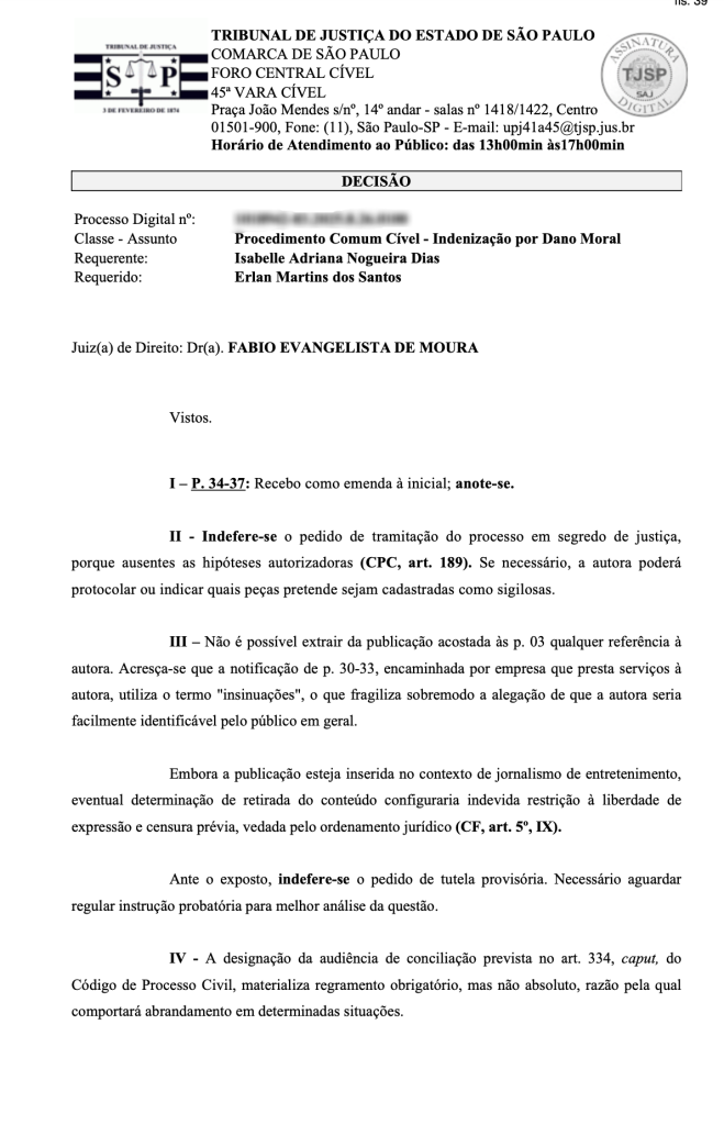 Tribunal de justiça Justiça nega pedido de Isabelle Nogueira para remover matéria cifrada de colunista sobre mulher que tinha caso com político