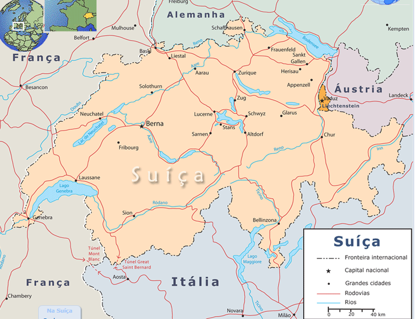 Curiosidades sobre a suiça- Mapa da suiça