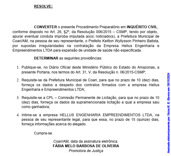 Mais um escândalo? Prefeitura de Coari entra na mira do MP-AM por contratação suspeita - print 2 de documento