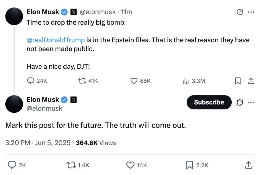 Musk diz que Trump é mencionado em documentos sobre Epstein, condenado por abuso de menores