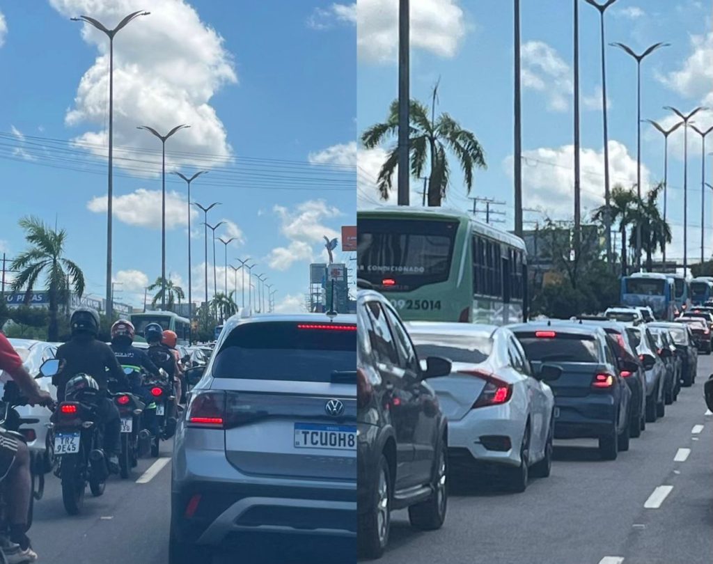 Grade engarrafamento se forma durante demolição de passarela na avenida Torquato Tapajós em Manaus