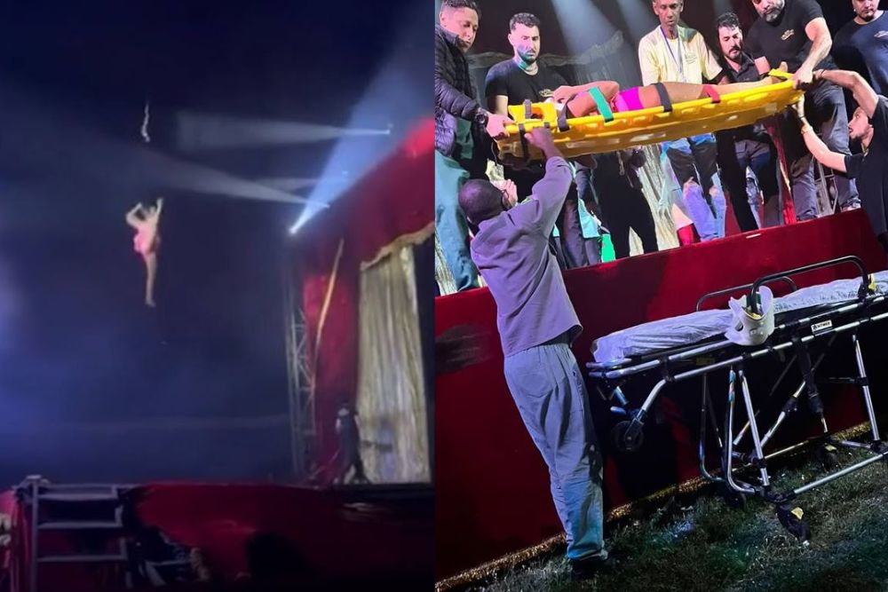 Artista circense despenca durante acrobacia aérea suspensa pelos cabelos; veja vídeo Artista circense despenca durante acrobacia aérea suspensa pelos cabelos; veja vídeo