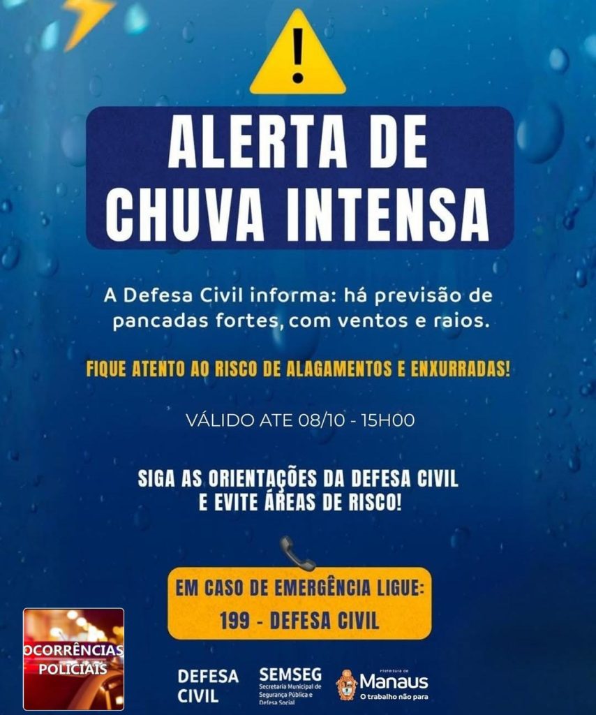Manaus amanhece com chuvas intensas; Defesa Civil emite alerta