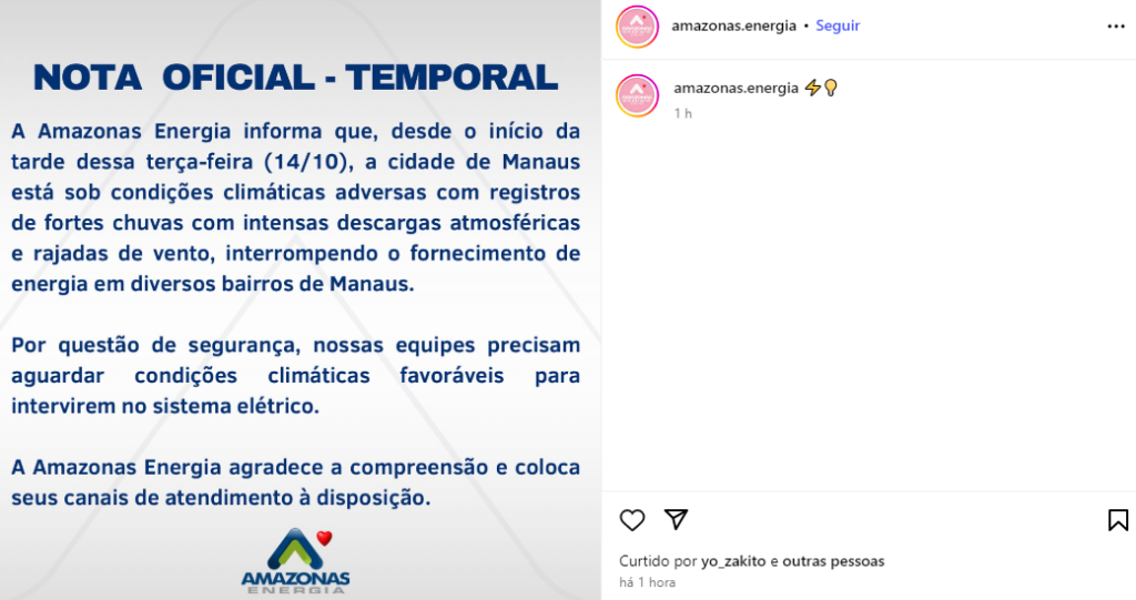 Temporal causa apagões em bairros de Manaus, diz Amazonas Energia