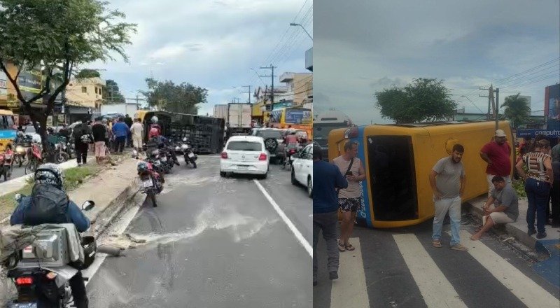 'Amarelinho' capotou após motorista desviar de pedestre que atravessava avenida fora da faixa em Manaus