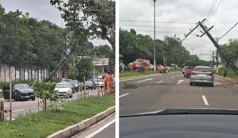 Carro danificado e postes derrubados na Avenida do Turismo em Manaus causando congestionamento
