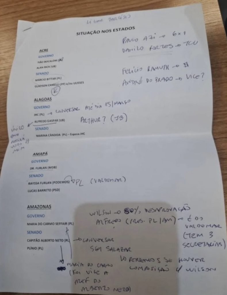 Anotações manuscritas de Flávio Bolsonaro detalhando a estratégia política do Partido Liberal no Amazonas para as eleições de 2026.