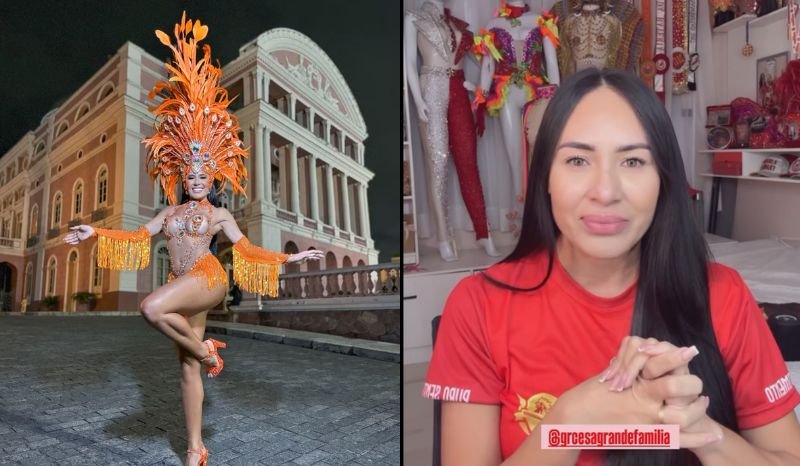 Arleane Marques, rainha de bateria da escola de samba A Grande Família, se pronunciando sobre a situação do presidente da agremiação.