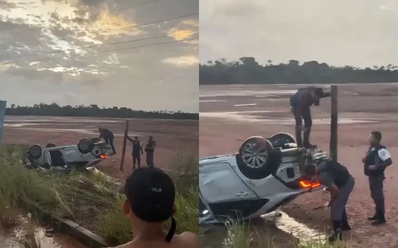 Carro Corolla branco acidentado na rodovia AM-070