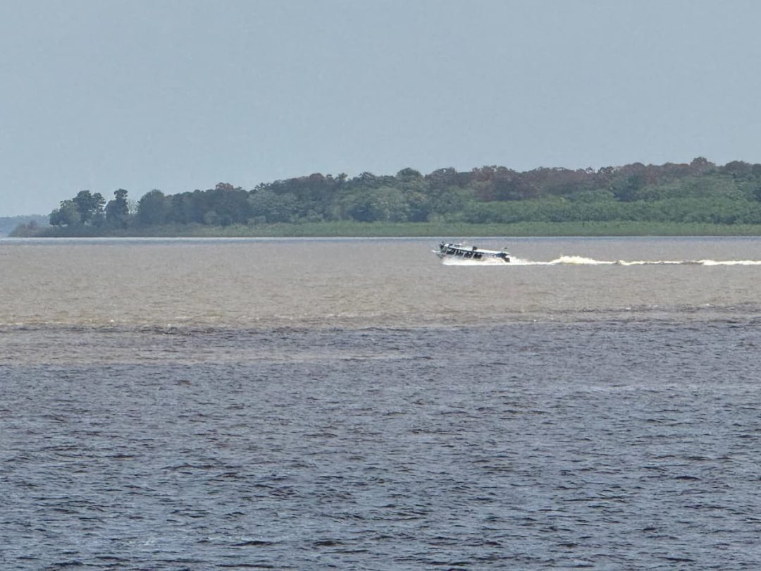 Embarcação de transporte escolar fluvial navegando em rio do Amazonas para levar alunos à escola.