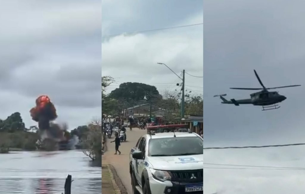 Agentes da Polícia Federal em lanchas durante operação contra garimpo ilegal no rio Madeira em Humaitá