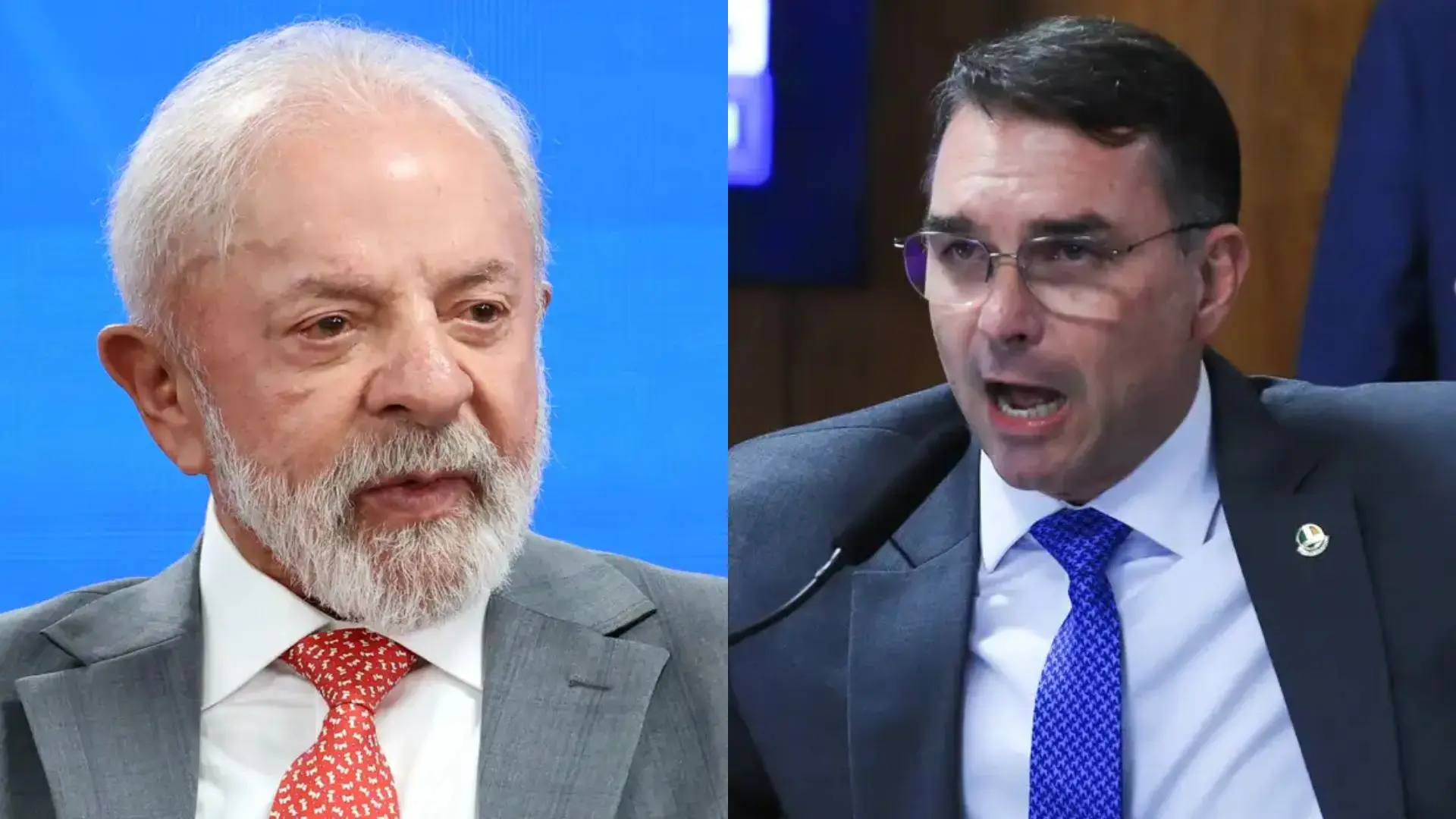 Montagem com fotos de Flávio Bolsonaro e Lula ilustrando os resultados da nova pesquisa eleitoral para o segundo turno da presidência.
