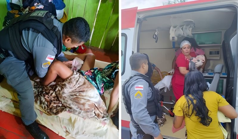 Policiais militares auxiliando no parto de emergência de gêmeos em Presidente Figueiredo
