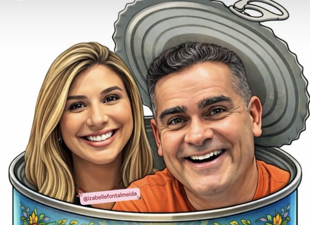 Prefeito David Almeida ao lado da esposa em montagem digital sobre a trend família conservadora