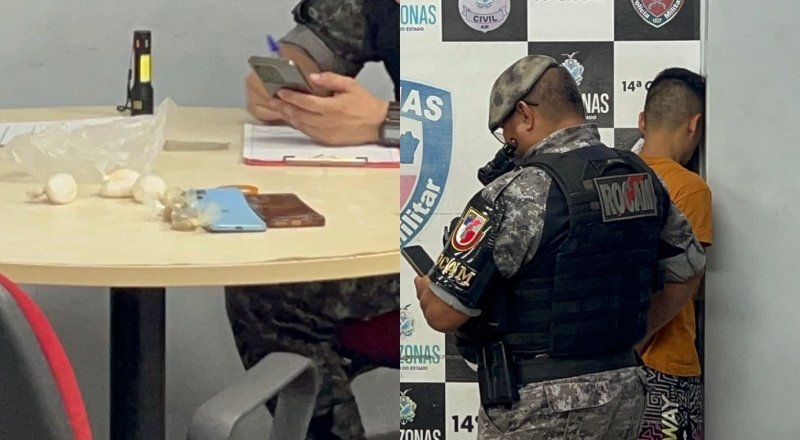 ROCAM flagra homem usando drogas perto do campo do Tancredo Neves, na zona Leste de Manaus, e encontra porções de cocaína e maconha durante revista. Suspeito é preso em flagrante e levado ao 14º DIP, onde antecedentes são verificados. Ação reforça presença da PM em área crítica para o tráfico.