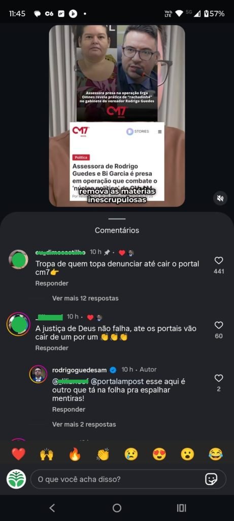 Captura de tela de rede social mostrando o apoio do vereador Rodrigo Guedes a comentários que incentivam denúncias contra o Portal CM7