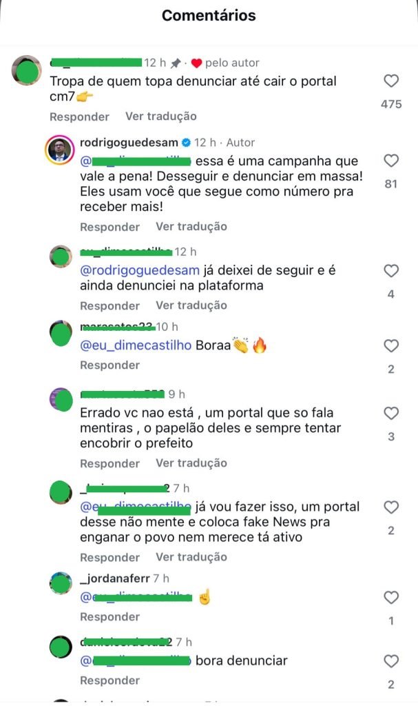 Captura de tela de rede social mostrando o apoio do vereador Rodrigo Guedes a comentários que incentivam denúncias contra o Portal CM7