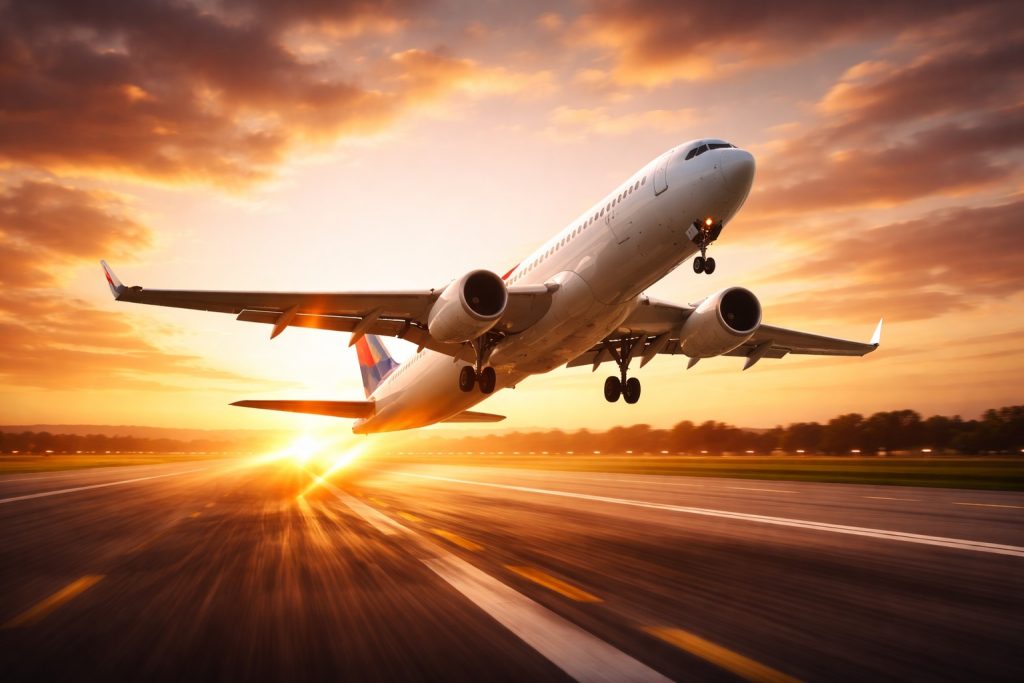 Avião comercial decolando com céu ao fundo representando o aumento das passagens aéreas.