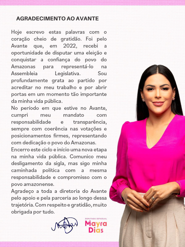 Deputada estadual Mayra Dias durante pronunciamento sobre sua saída do partido Avante no Amazonas