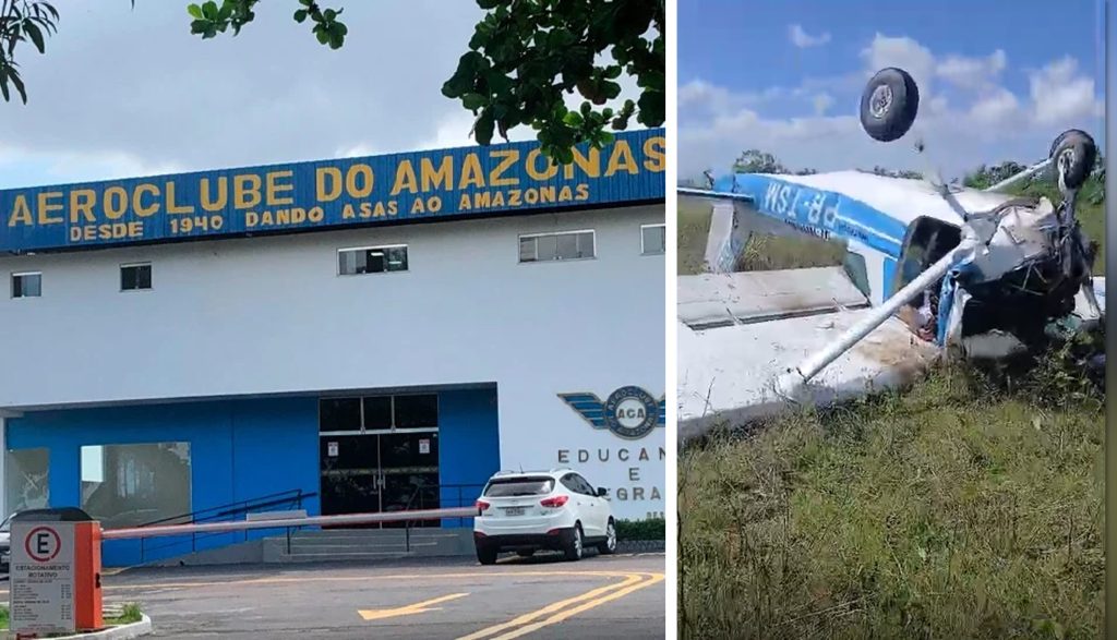 Aeronave monomotor acidentada na lateral da pista do Aeródromo de Flores em Manaus após queda durante voo de instrução.