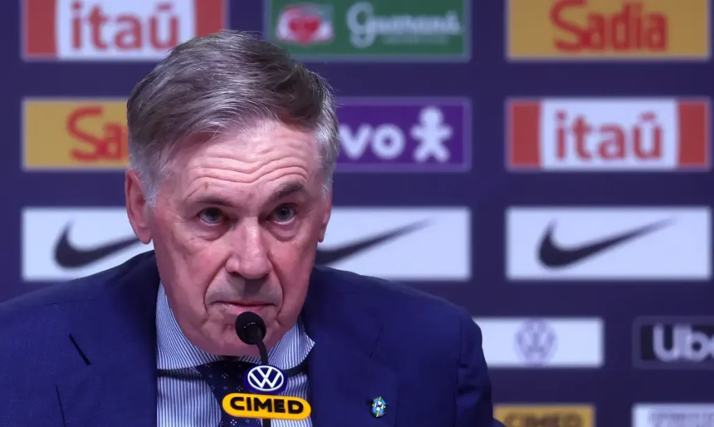 Carlo Ancelotti durante coletiva de imprensa sobre a convocação da Seleção Brasileira para amistosos