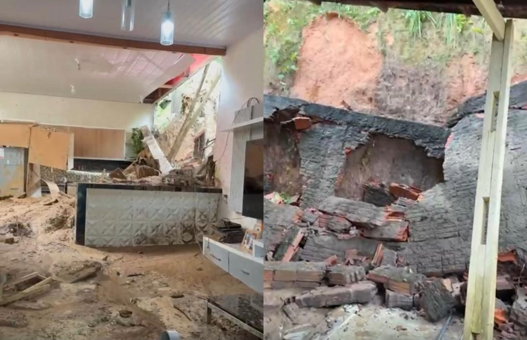 Casa atingida por deslizamento de terra e lama no bairro Tarumã em Manaus apresentando rachaduras na estrutura