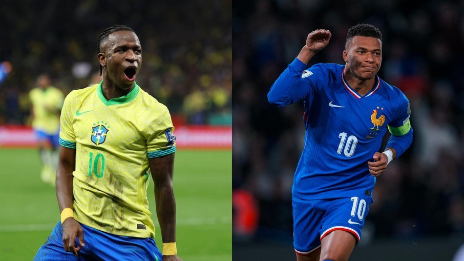 Jogadores das seleções de Brasil e França em campo durante amistoso preparatório para a Copa do Mundo.