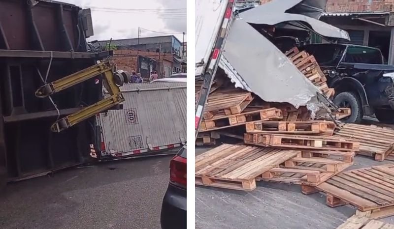 Caminhão tombado com carga de pallets espalhada pela rua Hisbisco no bairro Nova Vitória em Manaus