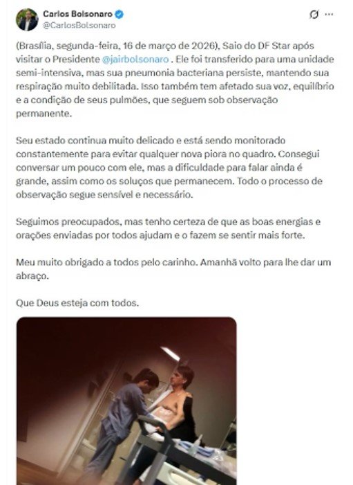 Foto de Jair Bolsonaro em leito de hospital particular em Brasília durante tratamento de pneumonia