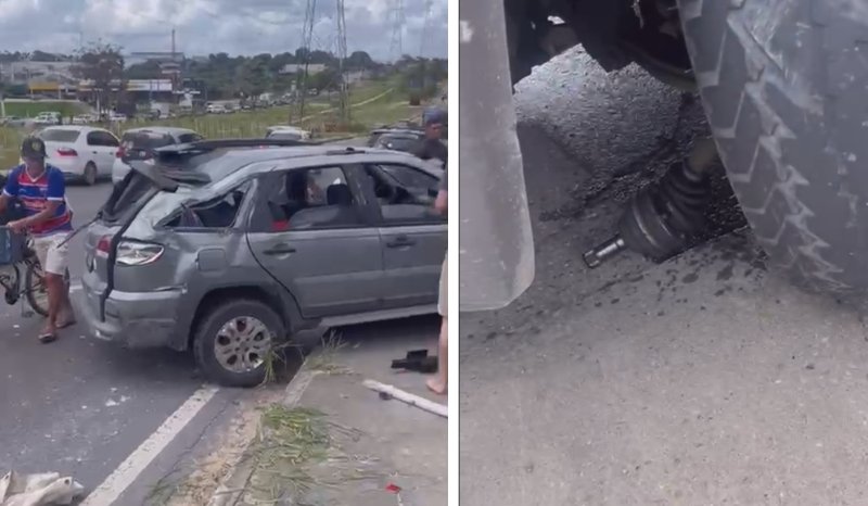 Veículo com falha mecânica na suspensão parado na avenida das torres em manaus após acidente