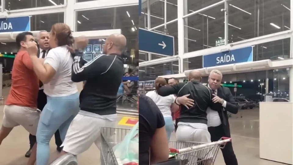 Clientes discutindo e brigando dentro de um supermercado atacadista em Valparaíso de Goiás enquanto funcionários tentam intervir.